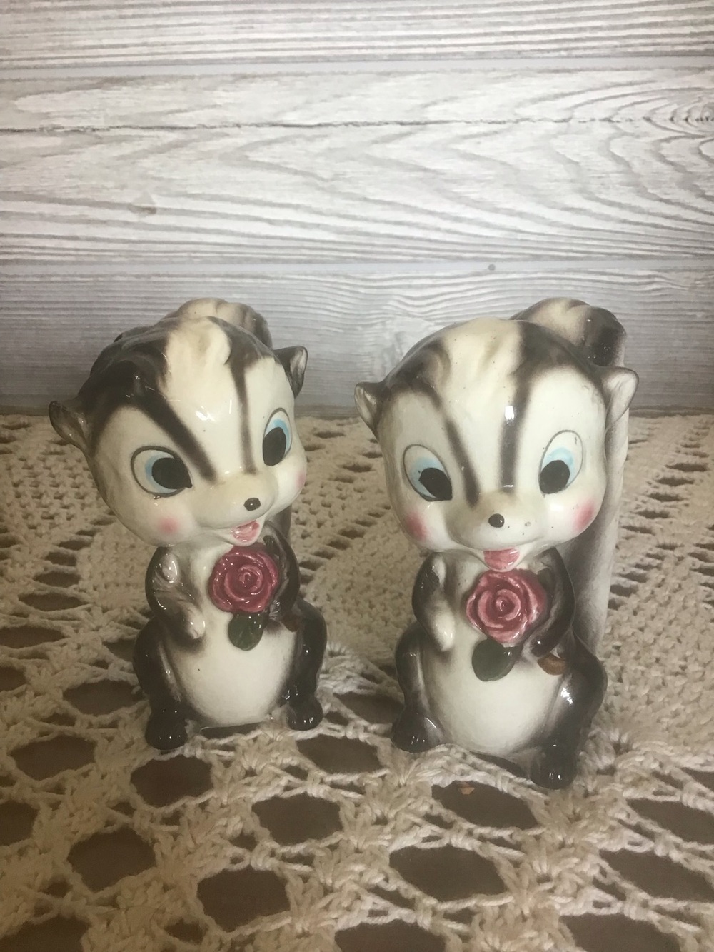 Vintage Ceramic Skunk Pair with Pink Rose Flower